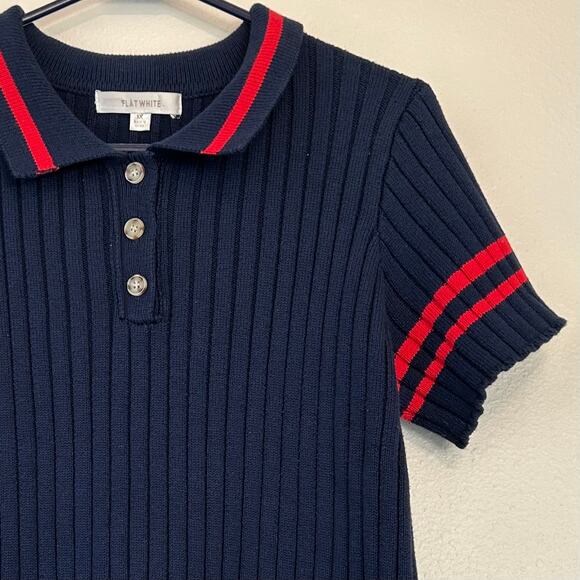 Anthropologie Flat white Polo Knit ribbed sweater preppy sporty academia navy 1X - Picture 4 of 11